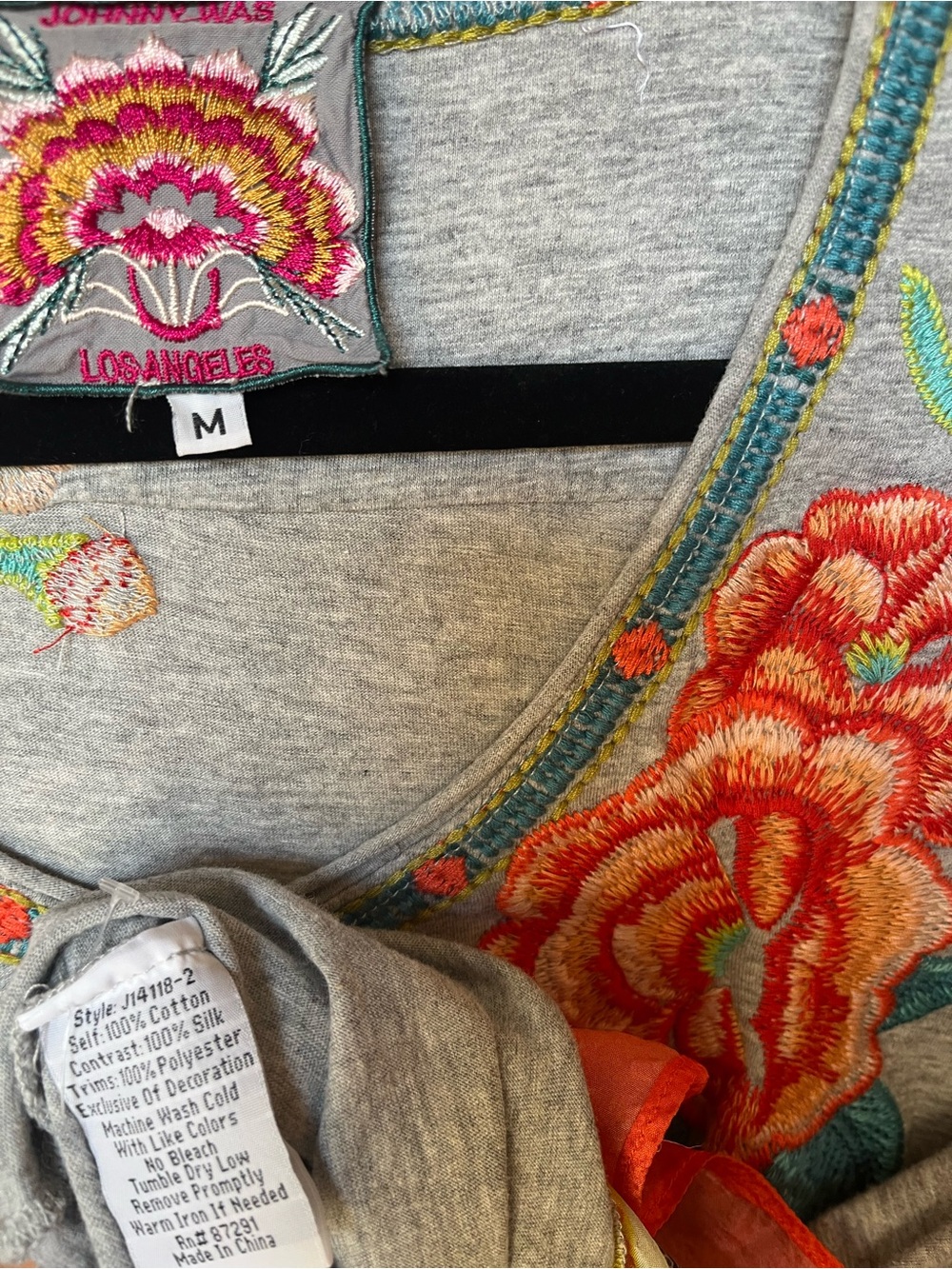 Johnny Was Gray V-Neck Tee with Orange Floral Embroidery - Picture 4 of 6